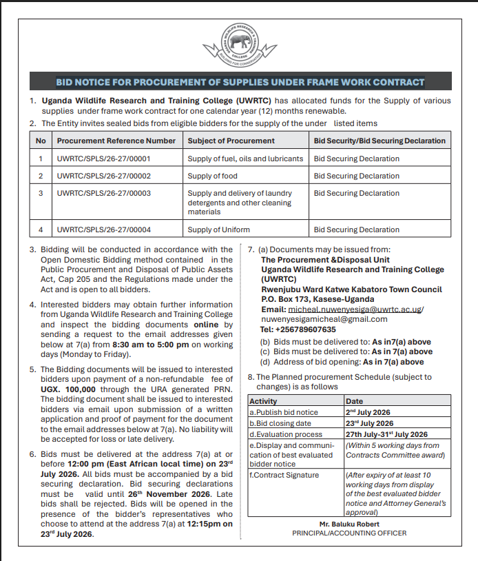 BID NOTICE FOR PROCUREMENT OF SUPPLIES UNDER FRAME WORK CONTRACT